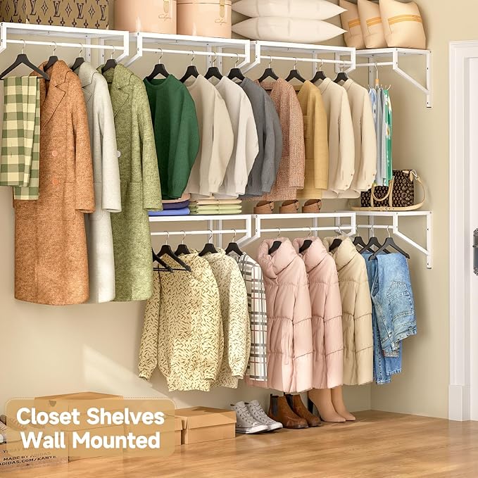 ThreeHio Expandable Closet Shelves Wall Mounted, 3 Pack Closet Shelving with Hanging Rods, Wall Shelving for Walk-in Closet, Hanging Shelves Organizer and Storage for Closet, Laundry