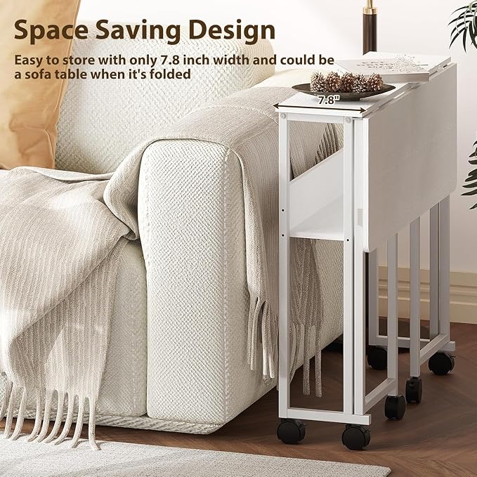Folding Desk Small Rolling Desk with Storage Shelf,24.8 Inch Foldable Computer Table with Wheels,Portable Office Desk for Small Space Sofa Table,Easy to Fold,Writing Work Office Computer Desk,White