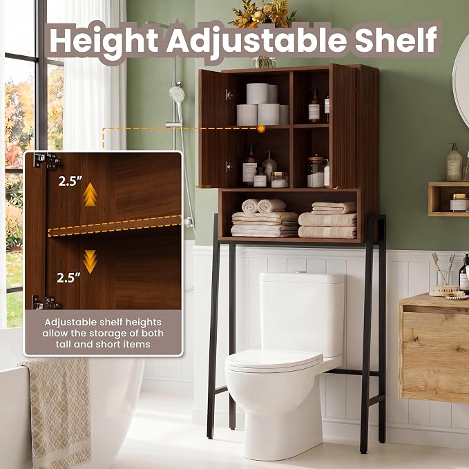 25" W Over The Toilet Storage Cabinet with Fluted Door,Bathroom Organizers and Storage with Adjustable Shelves, Modern Over Toilet Organizer for Bathroom,Restroom,Laundry,Walnut