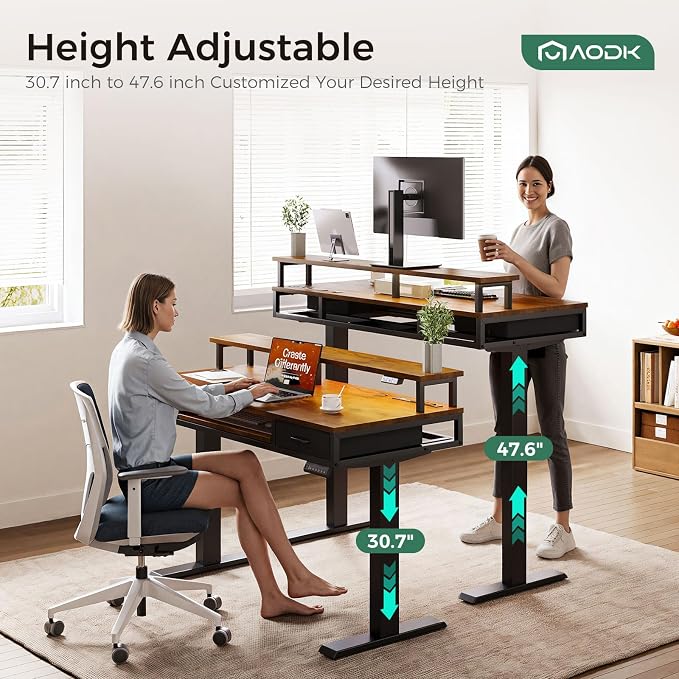 AODK 63 Inch Standing Desk with Drawers & Keyboard Tray, Rustic Brown | 3 Outlets & 2 USB Ports, 20-Mode LED Lights, Monitor Stand, Cable Management Tray, 3 Memory Heights, 29.9"-46.1" in Range