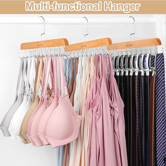 TOPIA HANGER 2 Pack Bra Hanger for Closet, Premium Wooden Tank Top Hangers | 40 Foldable Hooks, 360°Rotating Hooks, Easy to Install, Durable Solid Wood, Space Saving Storage for Tank Tops, Bras, Belts
