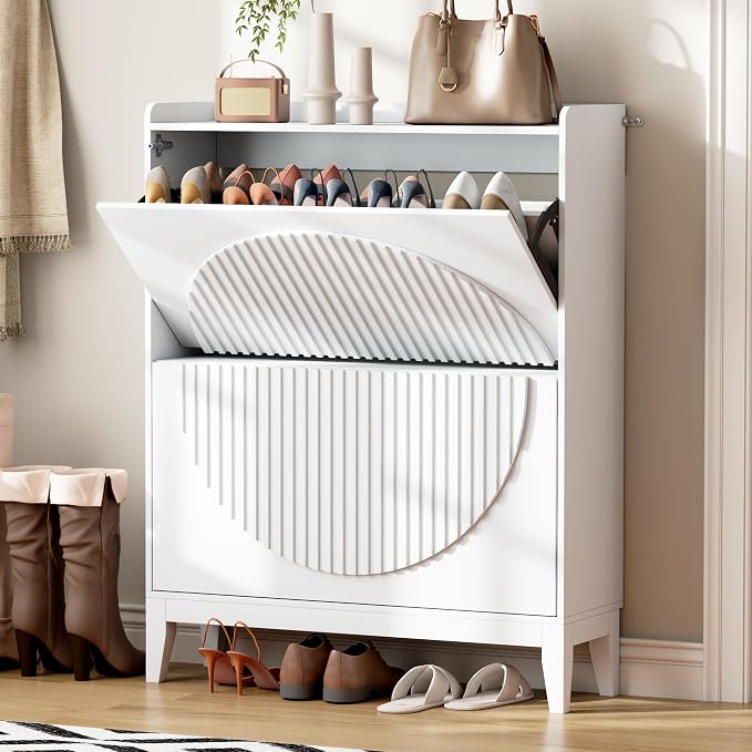 Vlsrka Shoe Cabinet with 3 Doors, Narrow Wooden Shoe Cabinet, Hidden Shoe Storage for Entryway, Foyer, Hallway (White CCC)