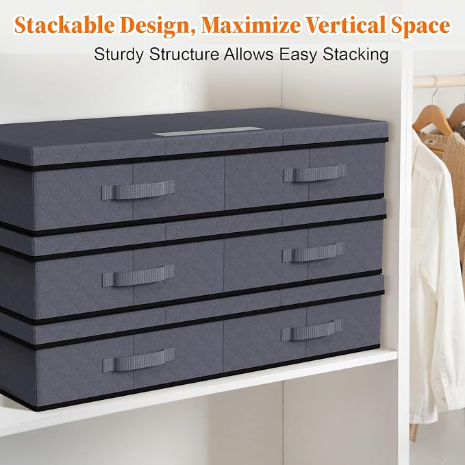 StoreHappily Under Bed Storage Containers with Lids, 2 Pack Foldable Grey | Storage organizer, Stackable Clothes Storage Bags, For Blankets Pillows Clothing, Clear Window, 3-Sided Handles, Label Slot