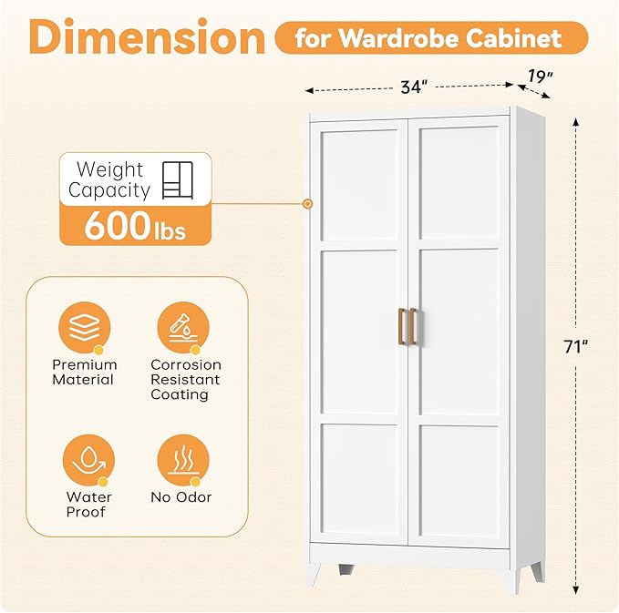 INTERGREAT 71” H Metal Wardrobe Cabinets with 2 Doors, Large Clothing Storage Cabinets with Hanging Rod and Adjustable Shelves, Closet for Home Living/Laundry Room/Department (White)