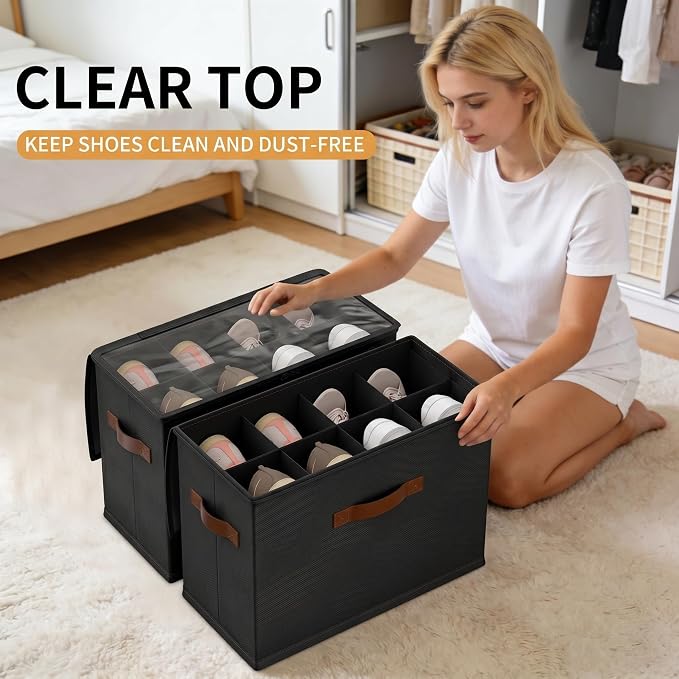 EE-RoomWorld 2 Pack rolling shoe rack on wheels,No Assemble Required shoe organizer for closet with wheels，Adjustable Dividers Fits 16 Pairs,boot Storage Bins with Reinforced Handle