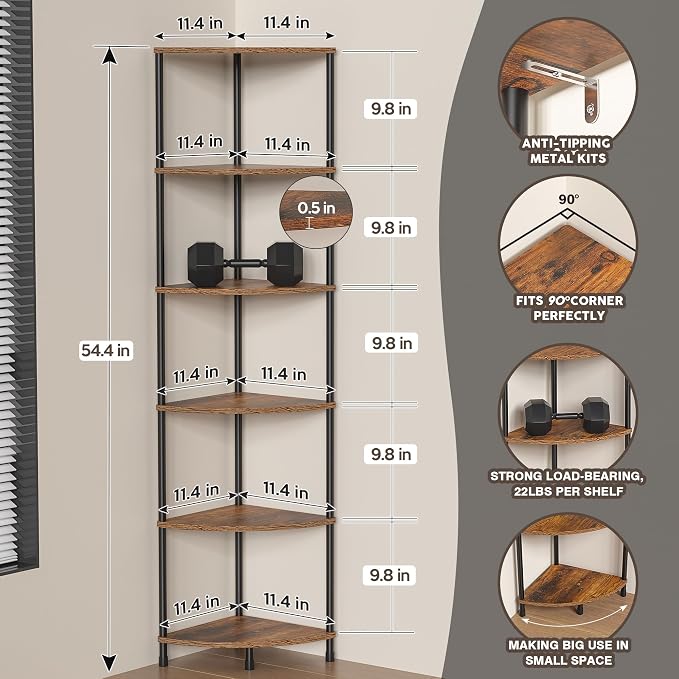Corner Plant Stand Shelf, 6 Tier Tall Shelf for Indoor Plants, Rustic Brown Corner Bookshelf Wall Decor Living Room, 54.4" Display Shelves for Bedroom, Bathroom, Small Space