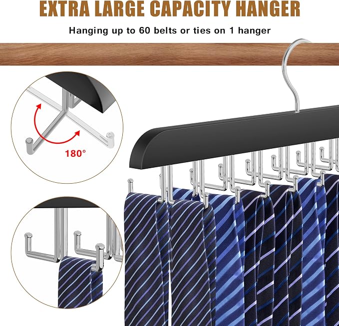 Tie Rack Hanger for Closet, 2 in 1 Belt Tie Hangers with 20 Folding Hooks, 360 Degree Rotating Wooden Tie Holder Organizer for Men Ties Belts Scarves Tank Tops Accessories, Black (1 Pack)