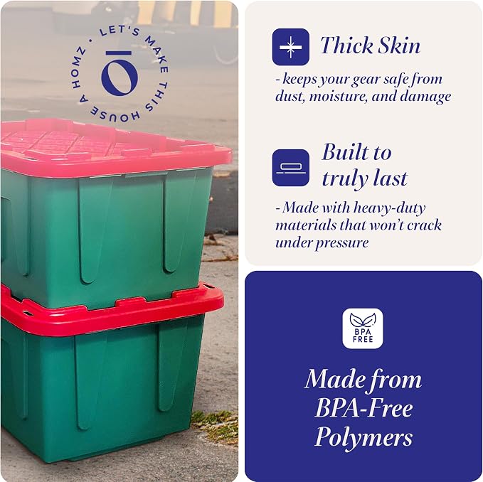 HOMZ Holiday Plastic Storage Container, 27 Gallon - Set of 2, Green and Red, 2 Sets | Heavy-Duty Large Stackable Container Seasonal Boxes for Home, Attic, and Garage Organization