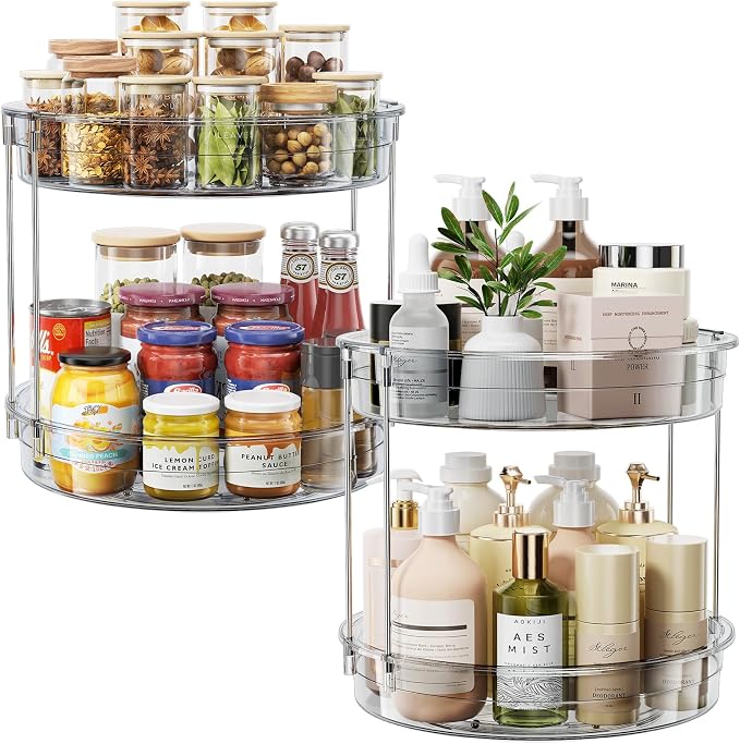 LAMU 2 Pack 2 Tier Lazy Susan Turntable Organizer 12'' Rotating Spice Rack Organization for Cabinet, Kitchen, Pantry, Countertop, Bathroom, Vanity, Medicine Cabinet Organizer, Grey