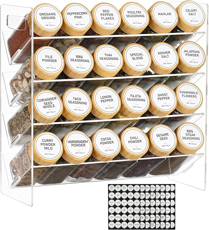 4-Tier Acrylic Spice Rack Organizer with 24 Glass Spice Jars and Wooden Lids, Clear Spice Shelf for Cabinet, Countertop, Pantry, Easy Assembly Seasoning Holder, Compact 11.6" W x 11.4" H