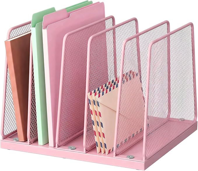 LEKETREE Small Desk File Organizer, 5-Section Upright File Sorter, Vertical File Folder Holder, Mesh Metal Wood Office Desktop Organization for Document, Magazine, Books and more (Pink)