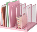 LEKETREE Small Desk File Organizer, 5-Section Upright File Sorter, Vertical File Folder Holder, Mesh Metal Wood Office Desktop Organization for Document, Magazine, Books and more (Pink)