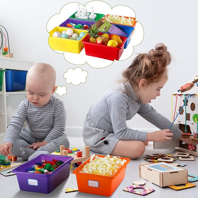 Hoolerry 24 Pack Classroom Cubby Storage Bins Plastic Stackable Storage Bins with Labels Cubby Organizer Containers for Classroom School Toy Book Organization(11.5 x 7.5 x 5 Inch,Colorful)