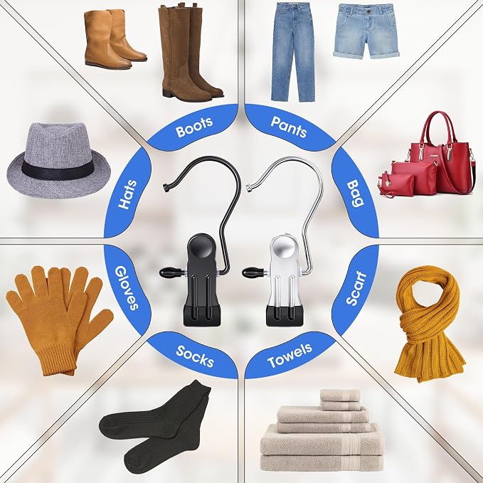 24 Pack Boot Hangers Clips for Closet, Laundry Hooks Hanging Clips Pants Hangers with Clips Legging Organizer Clothes Pins Hanger Clips for Closet Organizer Towel Socks Hats Jeans Home Travel Black