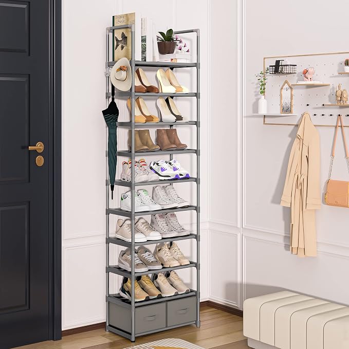 OYREL Shoe Rack Sturdy Metal 10 Tier Shoes Rack Organizer + 2Boxes 1Hook | Narrow Space Saving Shoe Storage Shelf for Closets, Tall Shoe Stand for Entryway, Living Room