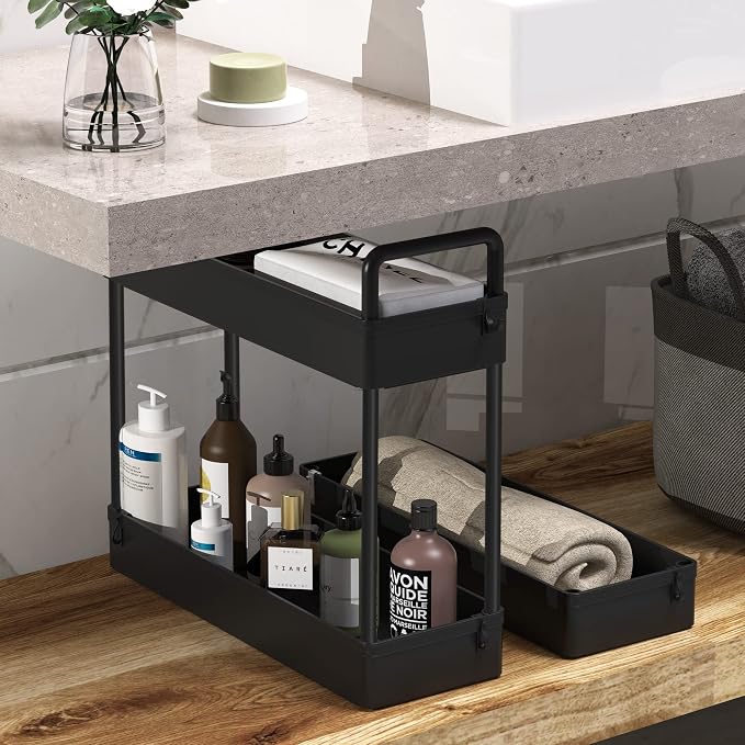 SOLEJAZZ Slim Rolling Storage Cart Skinny Bathroom Organizer, 3 Tier, Black | Thin utility cart with wheels for bathroom, laundry room, bedside, kitchen, dorm, office, next to fridge, small narrow places