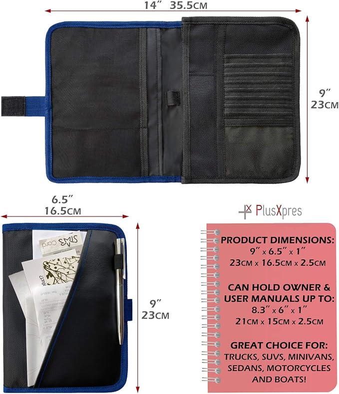 PlusXpres Glove Box Compartment Organizer - Car Document Holder - Blue | Owner Manual Case Pouch, Vehicle Storage Wallet for Registration and Insurance Card, Auto Paperwork Holder, Log Book included