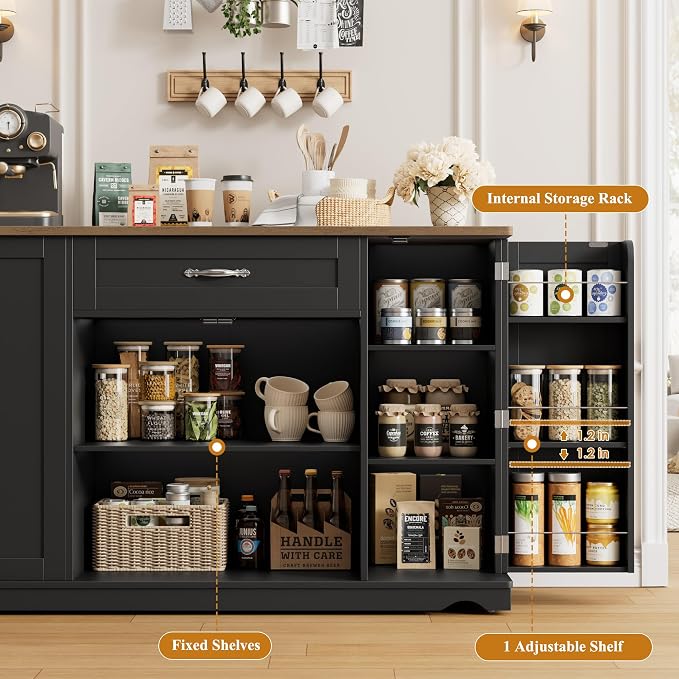 HOSTACK 47" W Kitchen Island Cart with Storage, Rolling Island Table, Black | Mobile Kitchen Storage Islands on Wheels with 2 Drawers, Adjustable Shelves, Movable Buffet Cabinet for Dining room