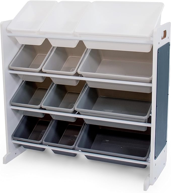 Humble Crew Toy Storage Organizer with 12 Removable Storage Bins for Kids Playroom, 4-Tier Toddler Toy Organization and Storage, White/Grey Gradient Ombre