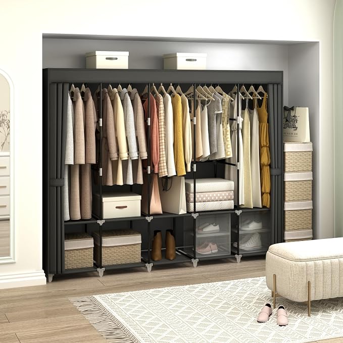 83" Portable Wardrobe Closet for Hanging Clothes, 5 Rods 10 Shelves Cover | 5 Hanging Rods 10 Storage Shelves Fabric Cover