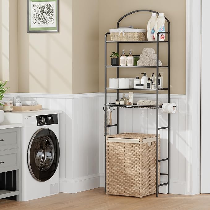 4-Tier Over The Toilet Storage, Bathroom Organizer | Space-Saving, 72"H Above Toilet Storage Rack with 4 Hooks and Paper Holder, Metal Shelf, Black
