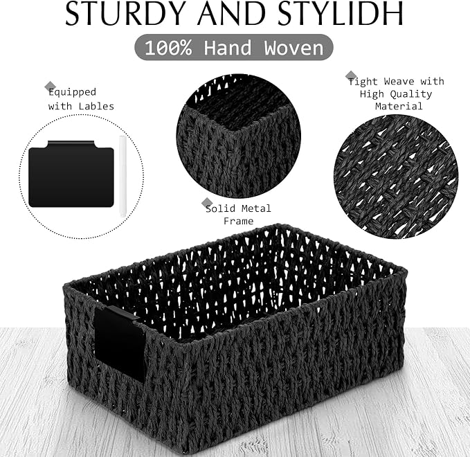 Marsui 6 Pcs Wicker Storage Baskets for Pantry Organization with Labels Handwoven Paper Rope Multi-size Black Wicker Storage Bins for Organizing Small Baskets Container for Shelves Closet Toilet