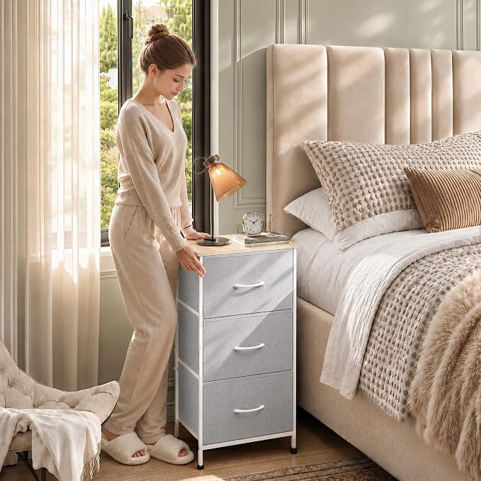 WLIVE Nightstand with 3 Drawers, Fabric Dresser, Organizer Unit, Storage Dresser for Bedroom, Hallway, Entryway, Closets, Sturdy Steel Frame, Wood Top, Easy Pull Handle, Light Grey