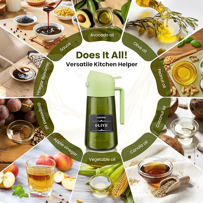 Oliver Oil Sprayer Dispenser for Cooking Bottle 16oz Green Glass Green | 2-in-1 Lightproof Borosilicate Glass Oil Bottle, Wide Mouth for Easy Refill Clean