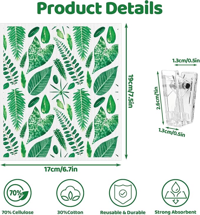 Needbrock 6 Pack Swedish Dishcloths for Kitchen, Swedish Rags Absorbent Green Leaf Dish Cloths with Adhesive Clips, Reusable Paper Towels No Odor for Countertop Dishes Cleaning