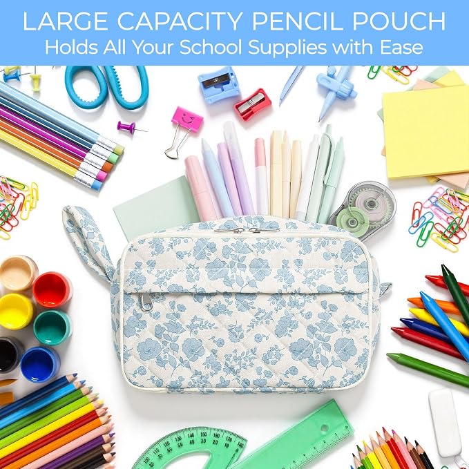 WOBAGMEN Quilted Pencil Pouch for Girls Women, Large Pencil Case Pouch with Compartments Cute Aesthetic Pencil Case Organizer, Floral Pencil Bag for School Supplies (blue floral)
