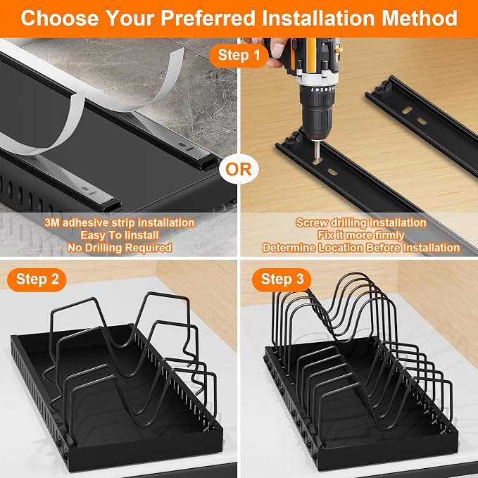 FLSEPAMB Pots and Pans Organizer Sliding Pot and Pan Organizer in Kitchen, 1 Pack Cabinet Pull Out Shelves, for Pots, Lids and Pan Organizer with Two Types of Shelves