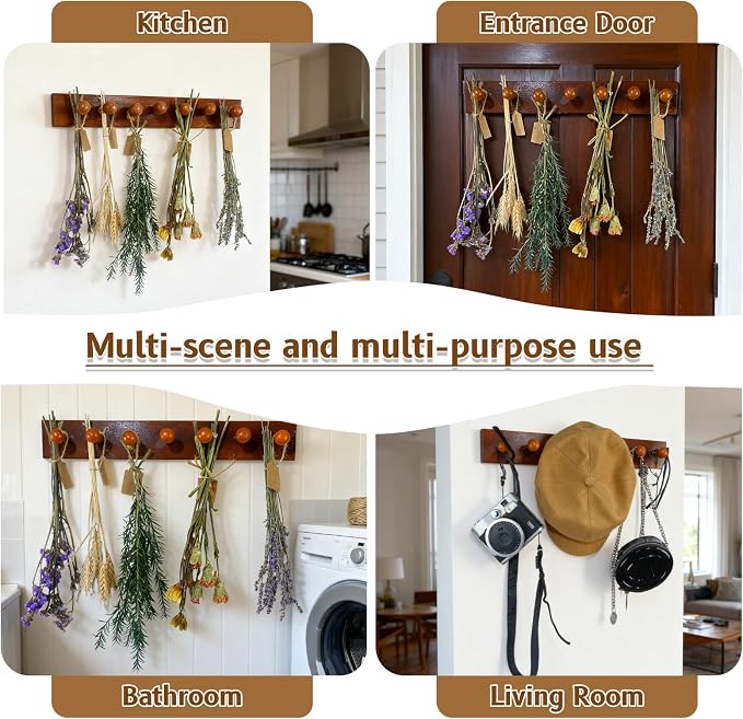 Tnstbiee Rustic Hanging Herb Drying Rack–Space-Saving Design Holds 7 Bouquets,Fits Window,Door Kitchen Areas-Great for Kitchen Witches Herb Display-Unique Gift for Gardening Enthusiasts-Wall Art Décor