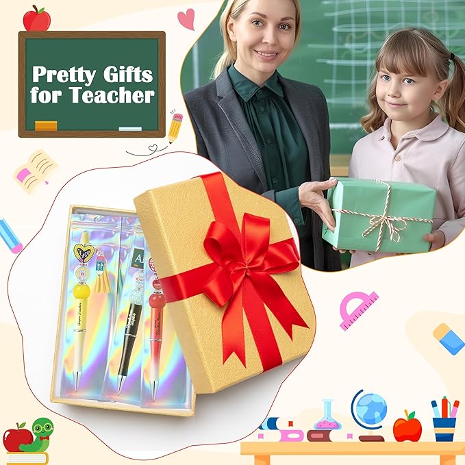 CNhoqc Teacher Appreciation Ballpoint Pens - 12-Set Teacher Appreciation Week Retractable Beadable Ballpoint Pen Wooden Bead Tassel Resealable Foil Pouch Bag Office School Writing Supplies Party Favor