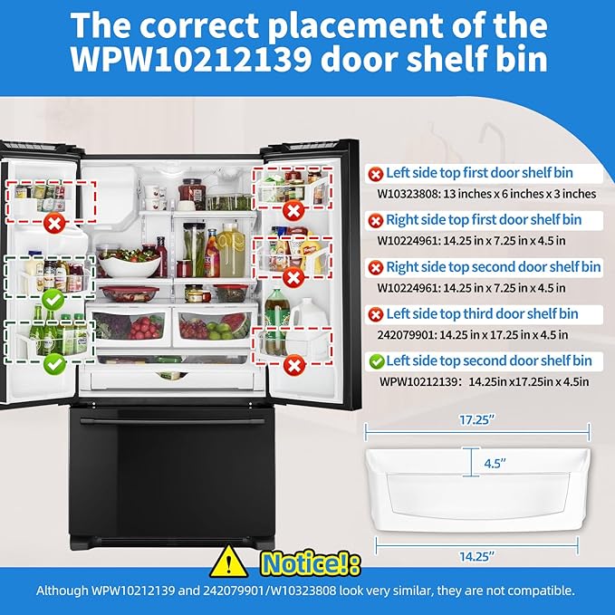 WPW10212139 Refrigerator Door Shelf Bin Compatible with Maytag Whirlpool Refrigerator Door Shelf Parts Replacement W10212139 Cantilever Bin WRF555SDF WRF555SDH GI6FDRXX GI6FARXX GI6SDRXX Left Bin