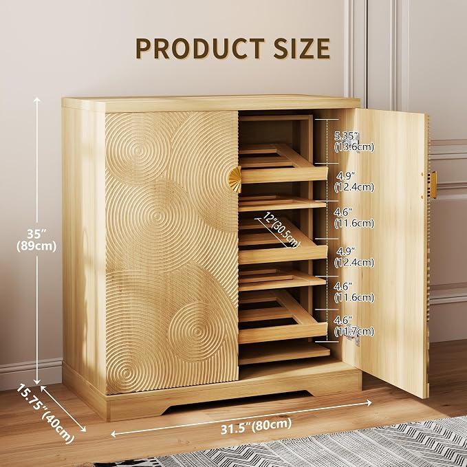 Vlsrka Shoe Storage Cabinet with Doors and 6 Tier Rotating Shelves, Wood | Suitable for 18 Pairs Shoe Organizer, Freestanding, Pull Out Shoe Rack, Wooden Entryway Cabinet for Hallway, Closet, Indoor