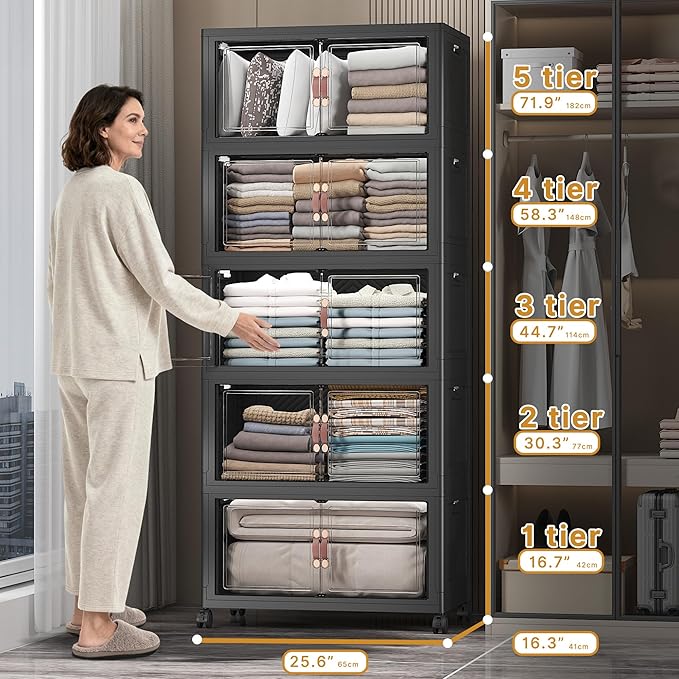 UAMFURI Stackable Storage Bins with Lids, Extra Large Plastic Organizer Cabinet Drawers, 560QT Collapsible Closet Containers with Doors and Wheels,For Bedroom, Kitchen, Office, Garage,(5Pack Cube)
