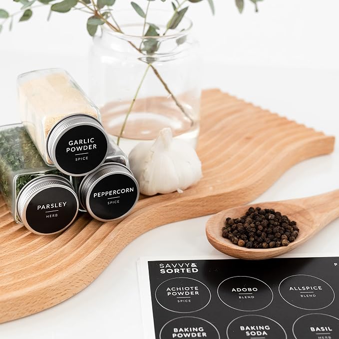 Spice Labels for Glass Jars, 202 Round Preprinted Waterproof Kitchen Spice Labels Stickers, Seasoning Organization Black Pantry Herbs Label for Top Lid, Chalkboard Labels for Spice Jars