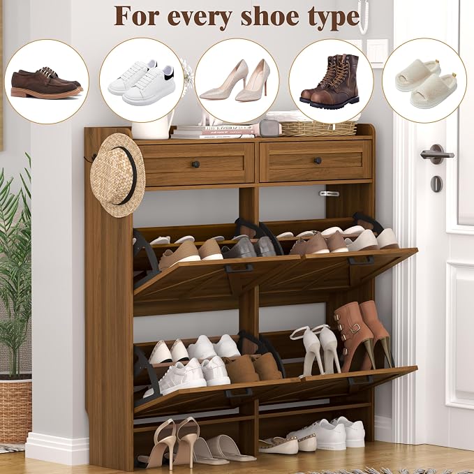 Thacuok Shoe Cabinet with 4 Flip Drawers & 2 Storage Drawers, Rustic Farmhouse Narrow Shoe Organizer Cabinet, Slim Shoe Rack Cabinet, Shoe Storage Cabinet for Entryway, Hallway, Front Door