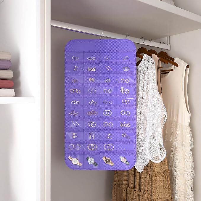 Double-Sided Hanging Jewelry Organizer for Necklaces Earrings 1-Pack Purple | Foldable 36 hooks & 40 clear pockets; swivel hook fits walls, doors & rods for earrings, bracelets, rings & small jewelry