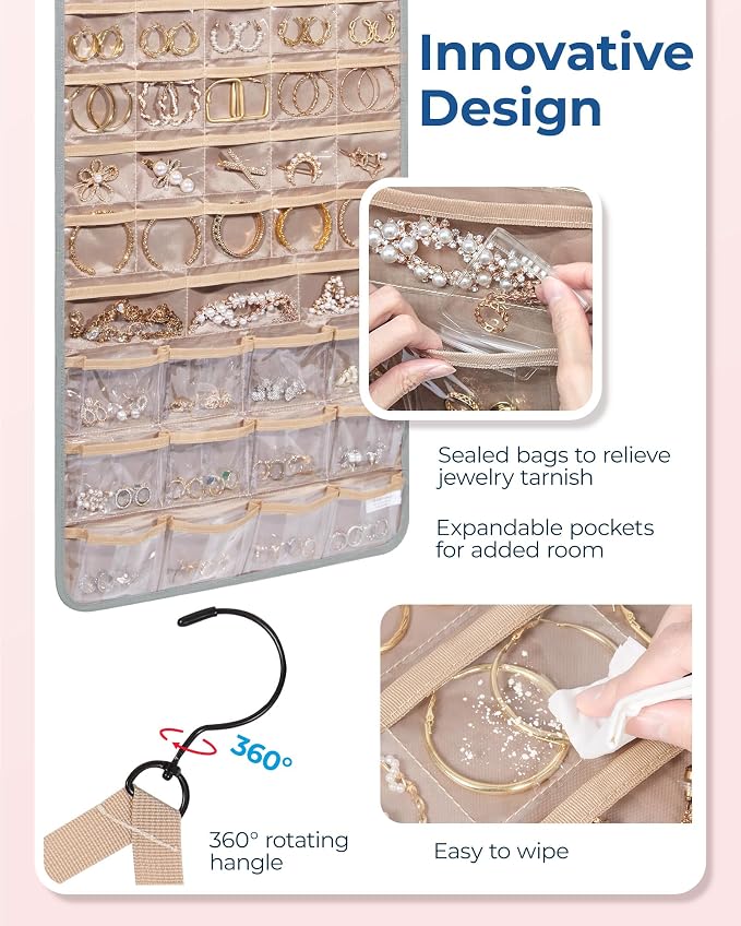 BAGSMART Hanging Jewelry Organizer, Necklace Holder Anti-tangle Earrings Rings Hanger with Pockets Hang on Closet, Wall, Door,1 Piece, Extra Large Grey