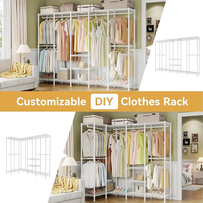 Higeego H5 Extra Large Heavy Duty Clothes Rack, Wire Garment Rack, Freestanding Clothing Rack for Hanging Clothes, Wardrobe Closet with Adjustable Shelf, 93.3" Wx15.7 Dx75.4 H, White, Load 1400 lbs