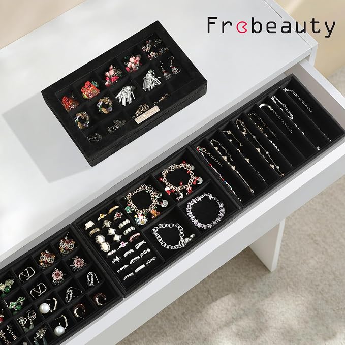 Frebeauty Stackable Jewelry Trays,Set of 4 Jewelry Organizer for Drawer | Glass Lid,Removable Dividers,Real Stackable Design,Velvet Material,Drawer Inserts,Jewelry Box for Earring Rings and Necklace