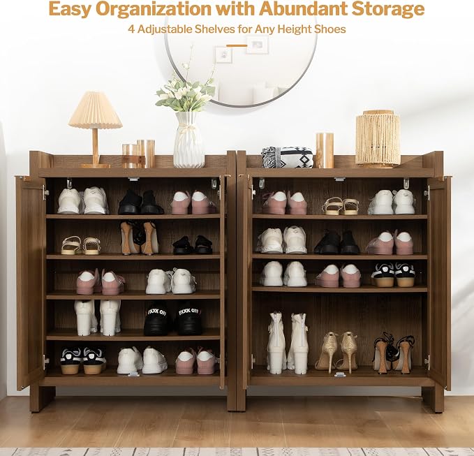 SICOTAS Shoe Cabinet, 24 Pair Shoe Storage Organizer Cabinet, 41" Tall Rattan Shoe Cabinet with Doors and Shelves, 6-Tier Farmhouse Boho Wooden Storage Cabinet for Entryway Hallway Closet