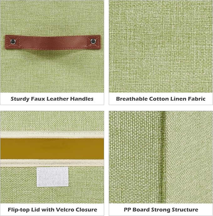 2PCS Storage Boxes with Lid Cotton Linen Fabric Storage Bins Organizer Container Decorative Collapsible Washable Shelf Closet Baskets Faux Leather Handles Home Bedroom (Green, Large Size)