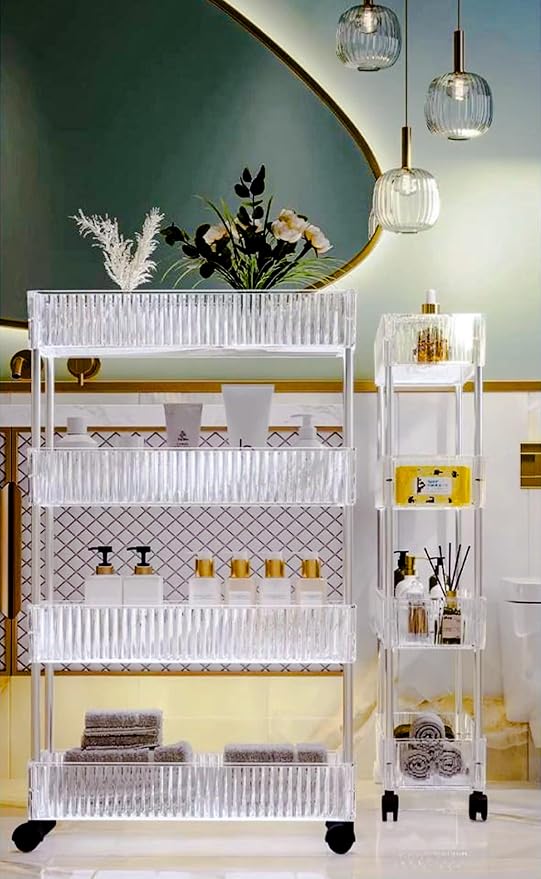 4-Tier Plastic Rolling Utility Cart with Wheels, Multifunctional Storage Organizer Cart for Home, Office, Kitchen & Bathroom, Narrow & Clear, 6.7”W * 12.8”L * 33”H