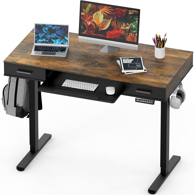 SHW 48-Inch Electric Height Adjustable Desk w/Keyboard Tray, Rustic Brown | w/ 2 Drawers | Memory Presets and Cable Management | Hanging Hooks