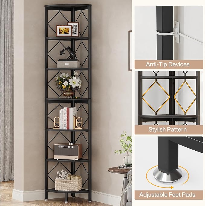 Tribesigns 7-Tier Corner Shelf, 78.7” Extra Tall Corner Bookcase, Industrial Slim Corner Bookshelf for Small Narrow Space, Wood Corner Shelf Stand Storage Rack for Living Room, Home Office