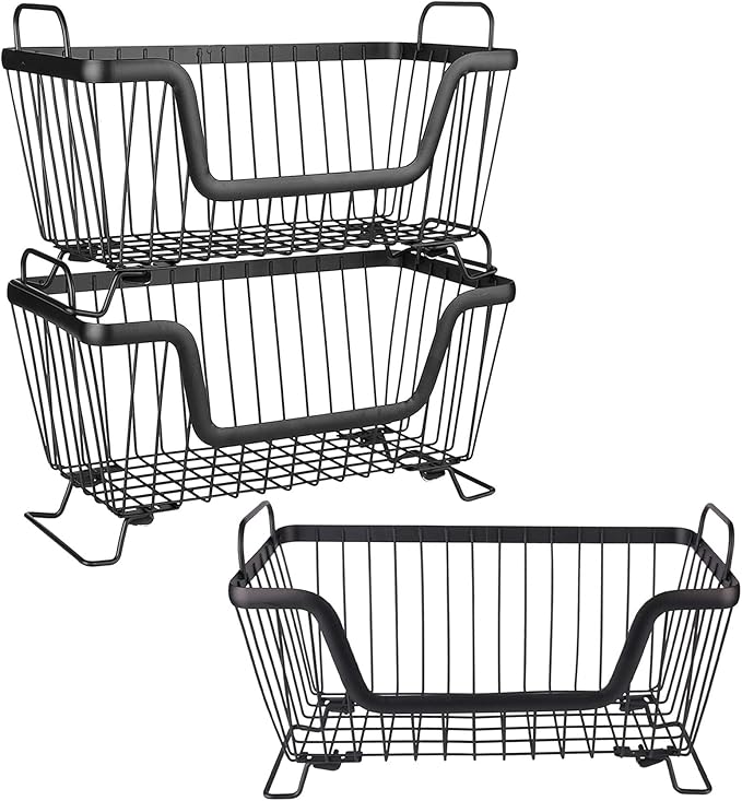 LOTTS Stackable Wire Basket, Metal Pantry Basket, Storage Organizer Bin with Handles, Fruit Basket for Kitchen Cabinets, Pantry, Closets, Bedrooms, Bathrooms (12.66.57.6") - 3 Pack
