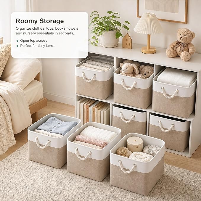 11x11 Inch Cube Storage Bins, 8 Pack Collapsible Fabric Storage Cubes with Rope Handles, Waterproof Foldable Storage Baskets for Cube Shelves, Closet, Clothes, Toys, Books, White & Beige