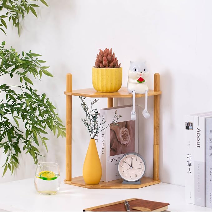 3-Tier Expandable Bamboo Corner Shelf - Dish/Plate Organizer for Cabinet, Kitchen Counter Shelf & Small Kitchen Shelf, Adjustable (11.4" H-Natural, 2-Tier)